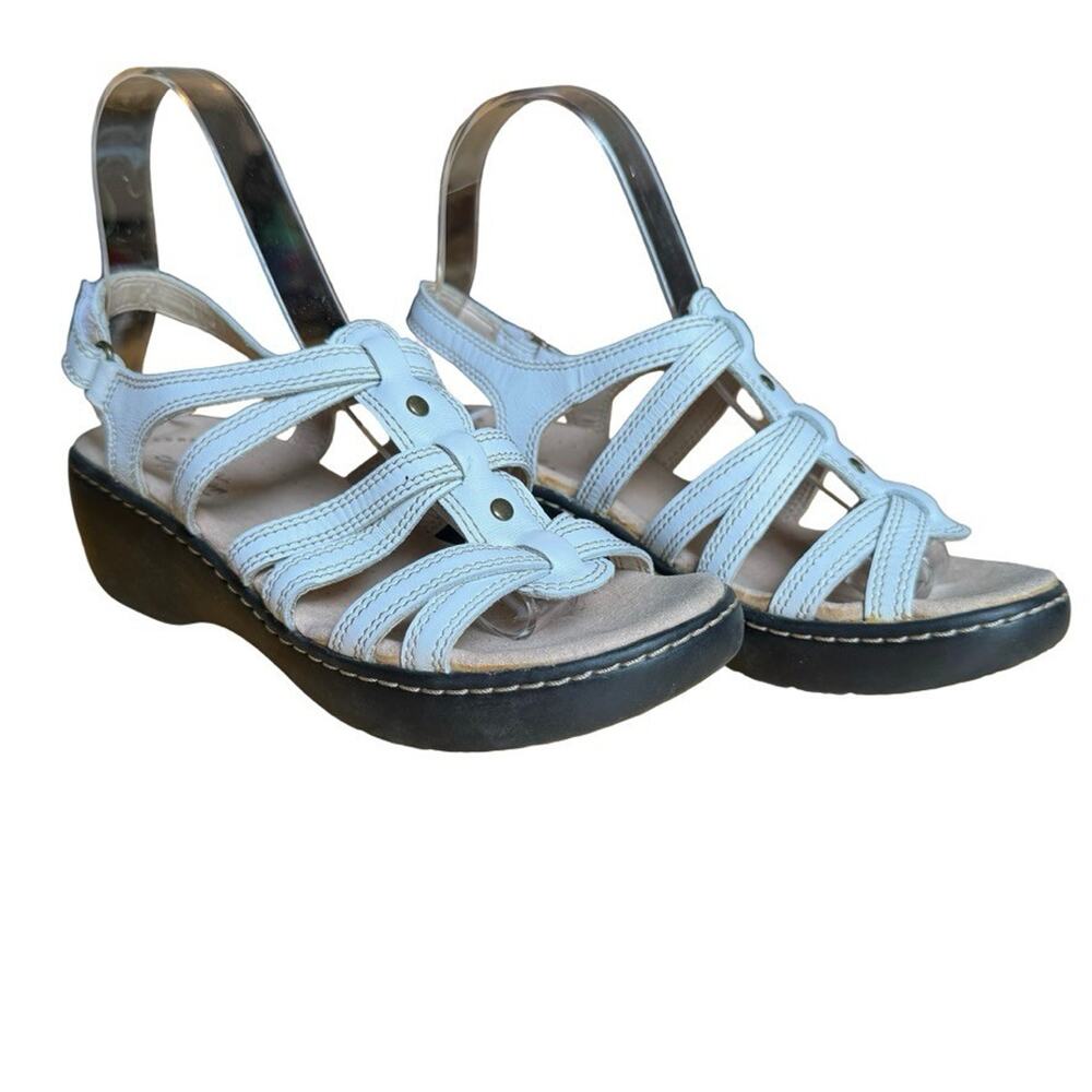 Clarks Leisa Janna White Wedge Slingback Sandals Leather Comfort Shoes sz 7 M